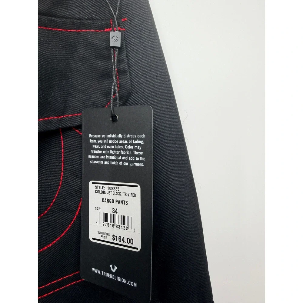 True Religion Cargo Pants Mens 34 Jet Black Red Stitching NWT 108335